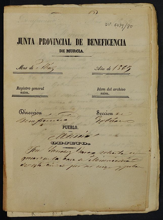 Expediente de solicitud de ingreso en la Casa Provincial de Misericordia y Huérfanos de Murcia de José Sánchez García.