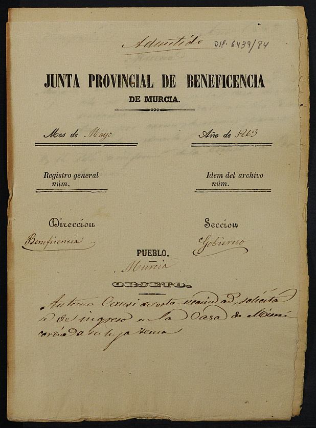 Expediente de solicitud de ingreso en la Casa Provincial de Misericordia y Huérfanos de Murcia de Teresa Causí.