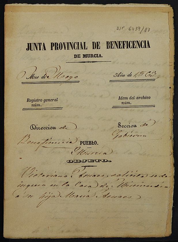 Expediente de solicitud de ingreso en la Casa Provincial de Misericordia y Huérfanos de Murcia de María Arnáez.