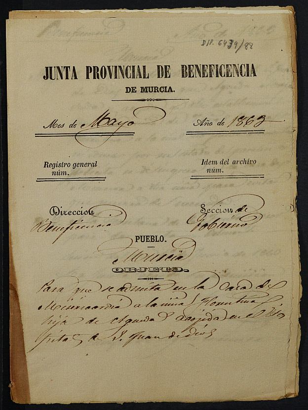 Expediente de solicitud de ingreso en la Casa Provincial de Misericordia y Huérfanos de Murcia de Florentina, de 7 años.