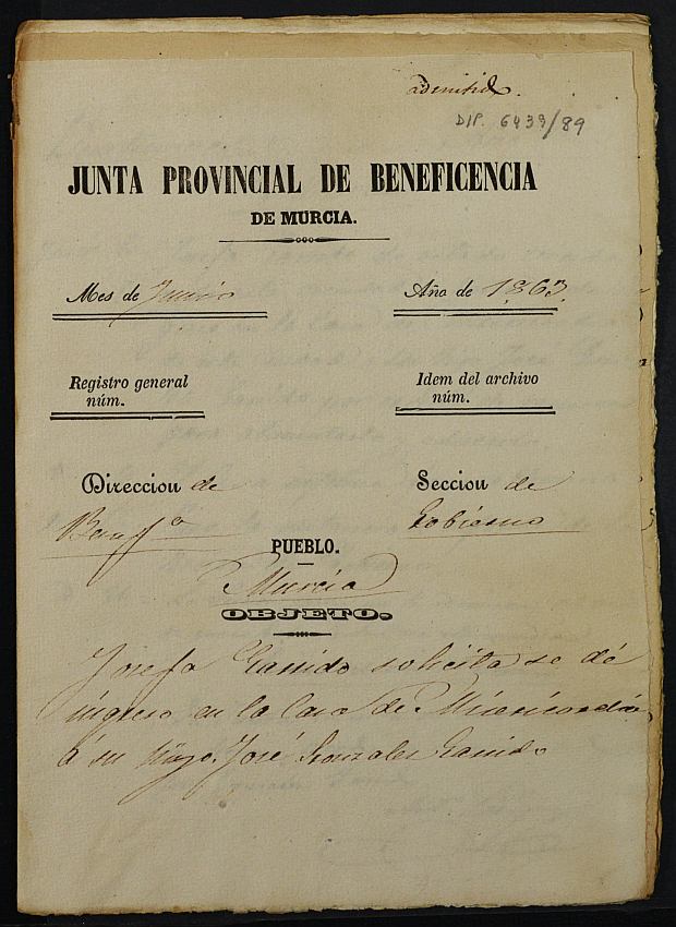 Expediente de solicitud de ingreso en la Casa Provincial de Misericordia y Huérfanos de Murcia de José González Garrido.