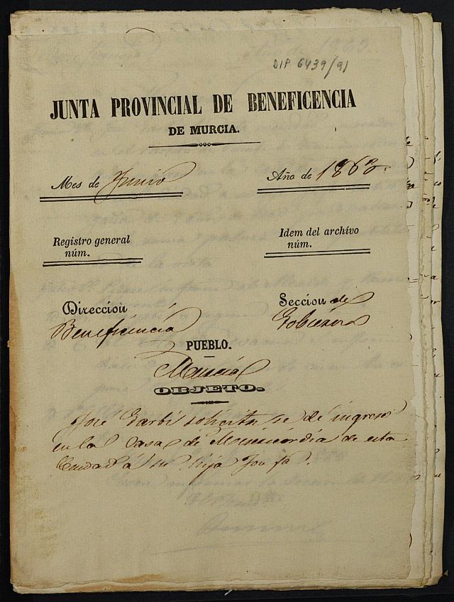 Expediente de solicitud de ingreso en la Casa Provincial de Misericordia y Huérfanos de Murcia de Josefa Garbí Magaña, de 7 años.