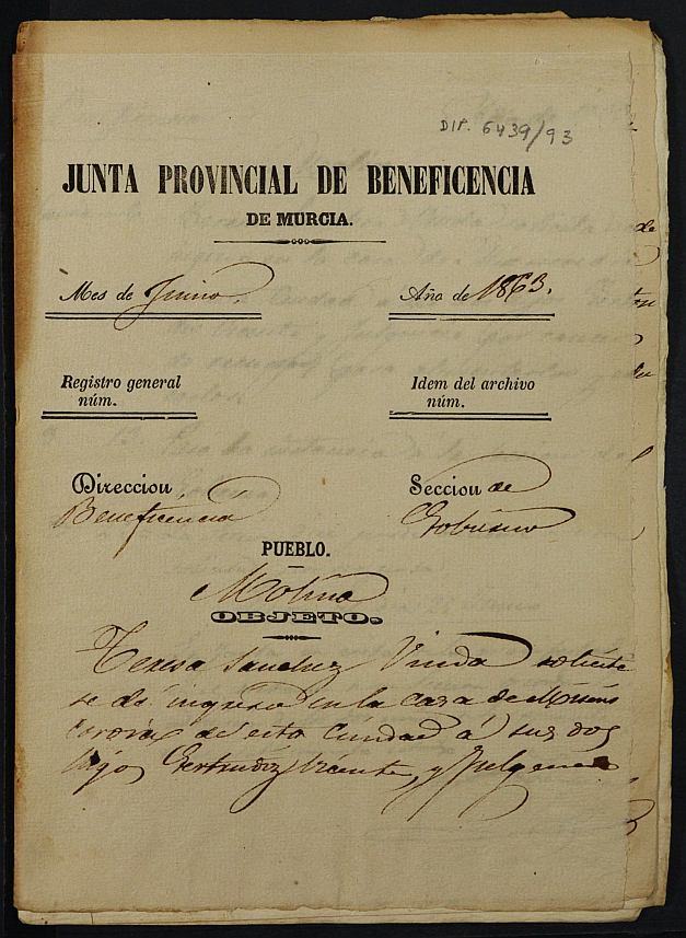 Expediente de solicitud de ingreso en la Casa Provincial de Misericordia y Huérfanos de Murcia de Gertrudis y Fulgencio Vicente Sánchez, de 10 y 3 años respectivamente.