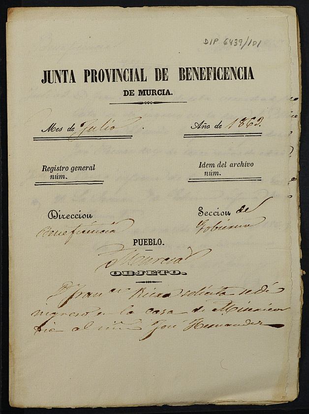 Expediente de solicitud de ingreso en la Casa Provincial de Misericordia y Huérfanos de Murcia de José Hernández, de 13 años.