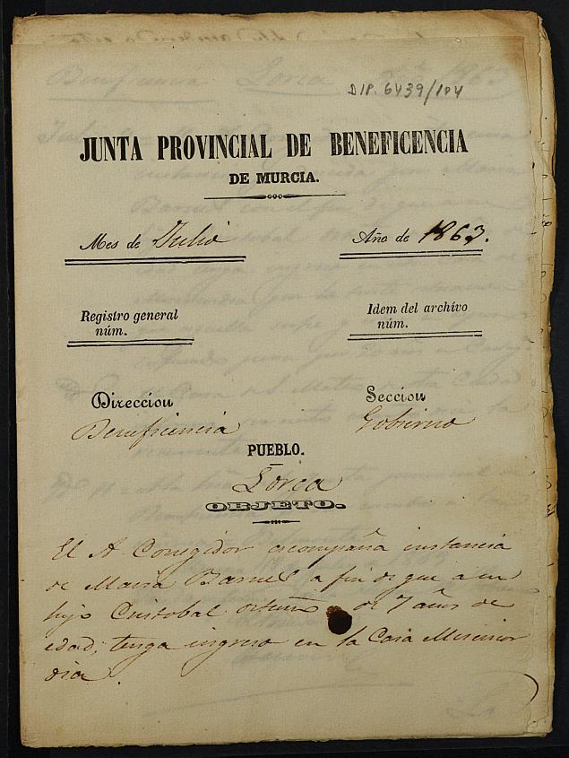 Expediente de solicitud de ingreso en la Casa Provincial de Misericordia y Huérfanos de Murcia de Cristóbal Ortuño Barnés, de 7 años.