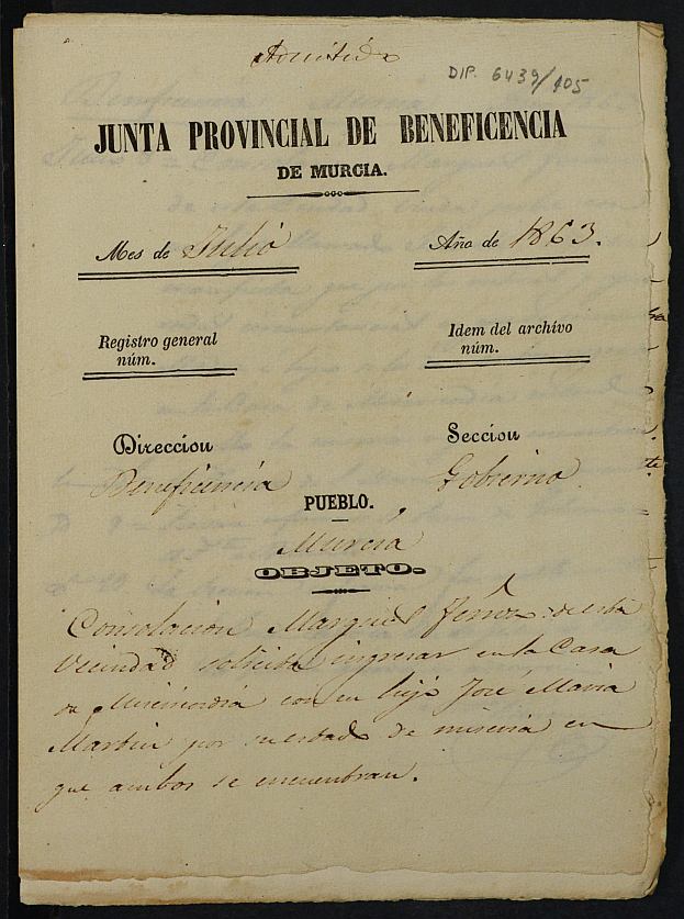 Expediente de solicitud de ingreso en la Casa Provincial de Misericordia y Huérfanos de Murcia de Concepción Marqués Fernández y su hijo José María Martín, de 3 años.