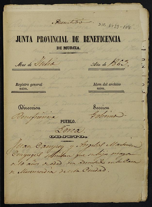 Expediente de solicitud de ingreso en la Casa Provincial de Misericordia y Huérfanos de Murcia de Félix Campoy Martín, de 10 años.