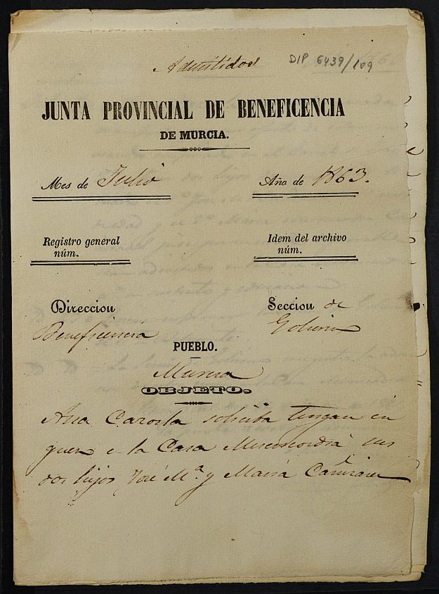 Expediente de solicitud de ingreso en la Casa Provincial de Misericordia y Huérfanos de Murcia de José María y María del Carmen Cañizares Cazorla, de 11 y 6 años.