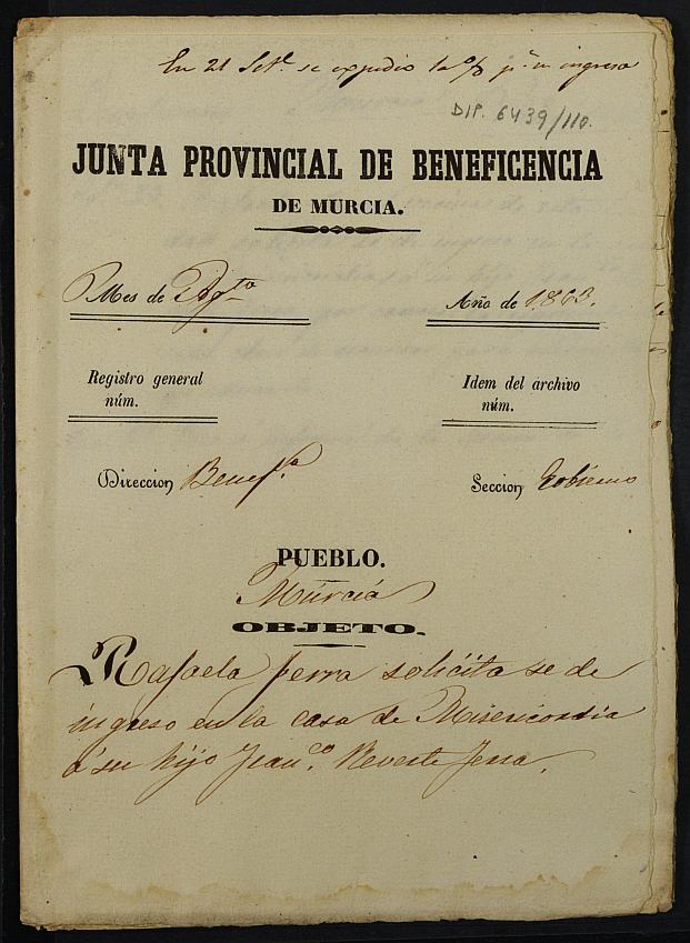 Expediente de solicitud de ingreso en la Casa Provincial de Misericordia y Huérfanos de Murcia de Juan Francisco Reverte Ferra, de 3 años.