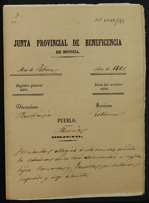 Expediente de solicitud de ingreso en la Casa Provincial de Misericordia y Huérfanos de Murcia de Bernardo y Jesualdo Megías, de 9 y 7 años respectivamente.