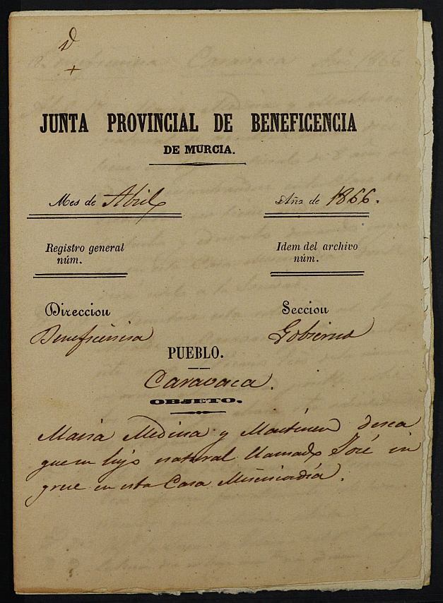 Expediente de solicitud de ingreso en la Casa Provincial de Misericordia y Huérfanos de Murcia de José Medina, de 8 años.