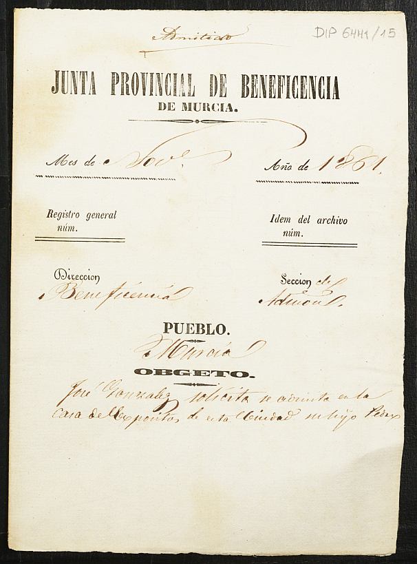 Expediente de solicitud de ingreso en la Casa de Expósitos del niño Pedro González Martínez.