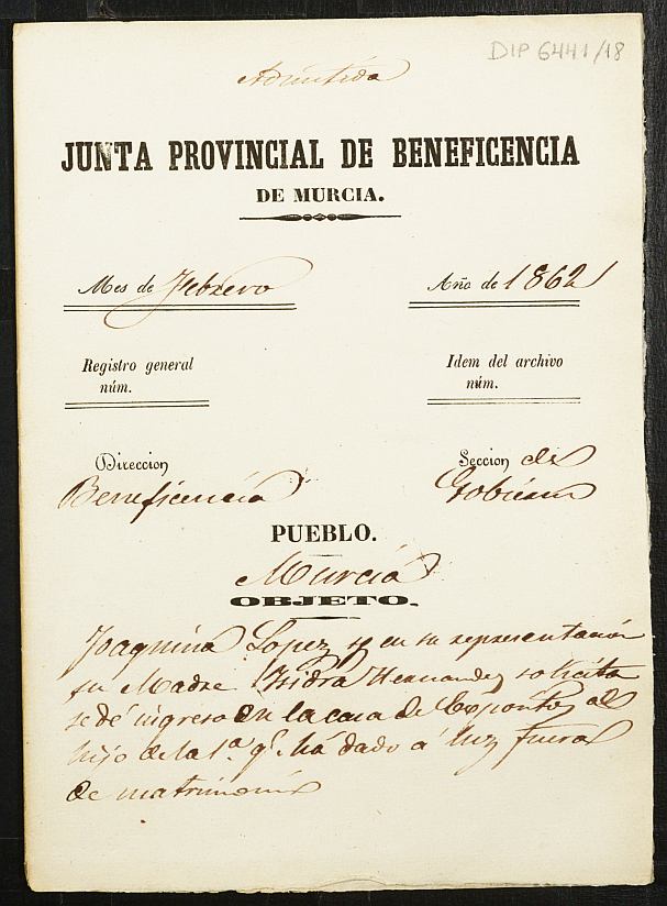 Expediente de solicitud de ingreso en la Casa de Expósitos la niña Joaquina López.