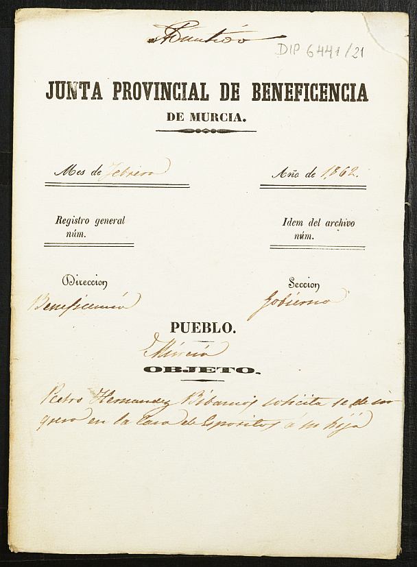 Expediente de solicitud de ingreso en la Casa de Expósitos de una niña hija de Pedro Hernández Vivancos.