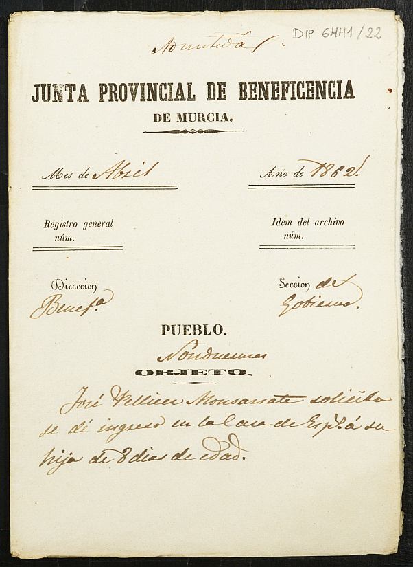 Expediente de solicitud de ingreso en la Casa de Expósitos de la niña María Pellicer López.