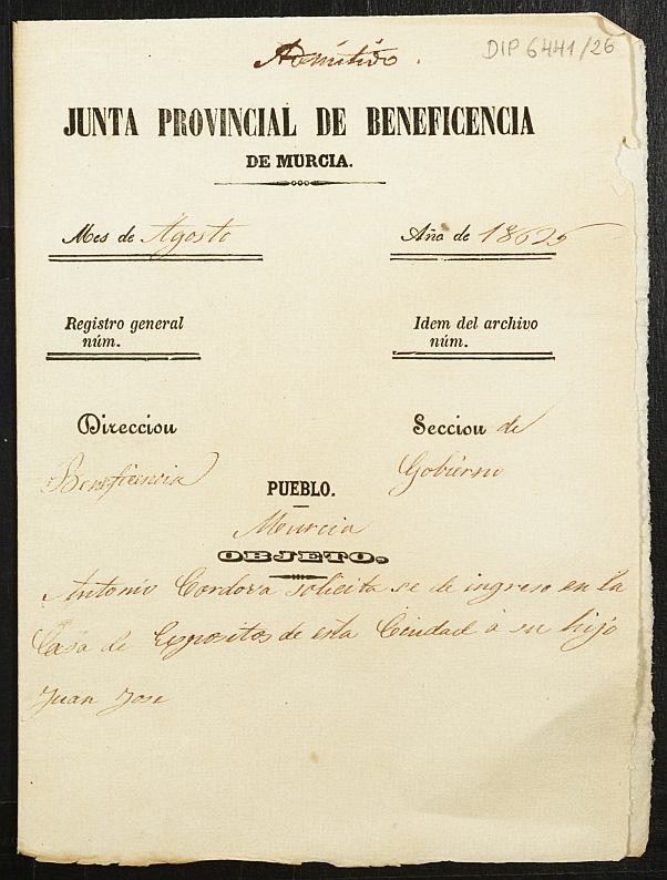 Expediente de solicitud de ingreso en la Casa de Expósitos del niño Juan José Córdoba Aliaga.