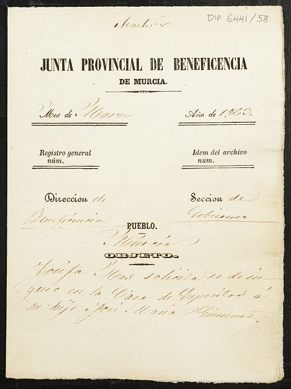 Expediente de solicitud de ingreso en la Casa de Expósitos del niño José María Giménez.