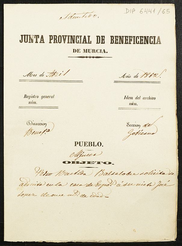 Expediente de solicitud de ingreso en la Casa de Expósitos del niño José López López.