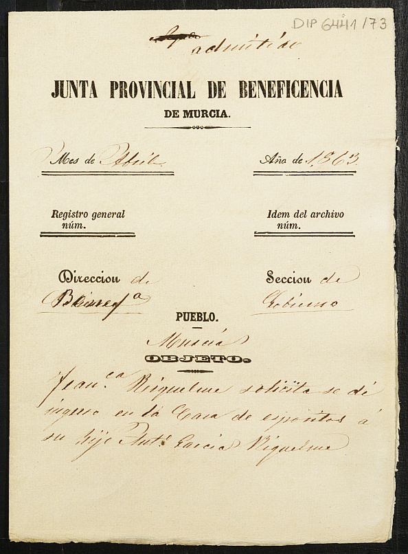 Expediente de solicitud de ingreso en la Casa de Expósitos del niño Antonio García Riquelme.