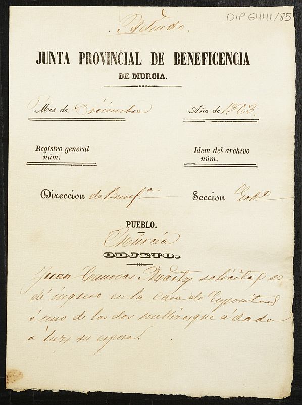 Expediente de solicitud de ingreso en la Casa de Expósitos de los niños Juan Cánovas Mula y María Encarnación Cánovas Mula.