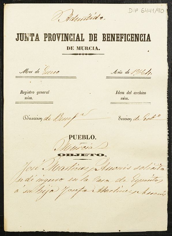 Expediente de solicitud de ingreso en la Casa de Expósitos de la niña Josefa Martínez Olmos.