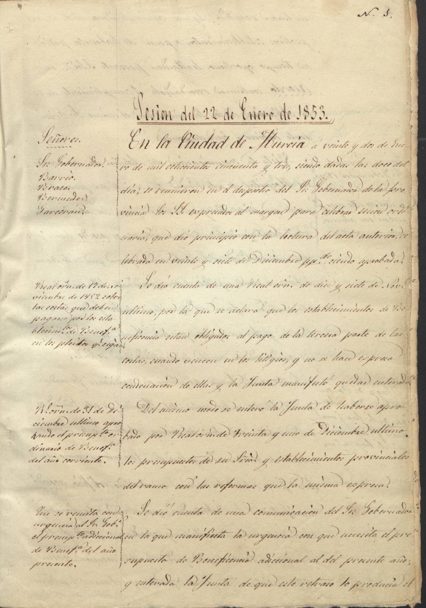 Registro de actas de sesiones de la Junta Provincial de Beneficencia de Murcia. Año 1853.