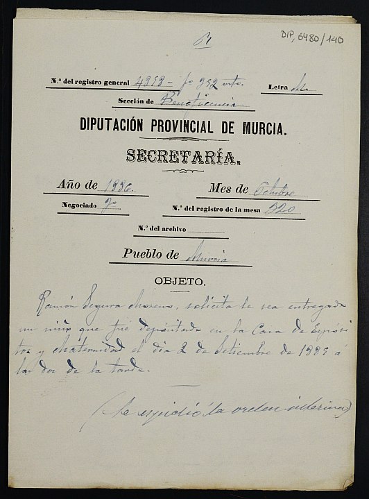 Expediente de reconocimiento y entrega de un niño llamado Antonio Segura Angosto a su padre natural Ramón Segura Moreno.
