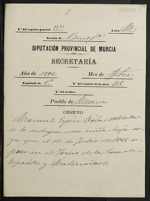 Expediente de reconocimiento y entrega de una niña llamda Antonia a su padre natural Manuel Espín Vila.