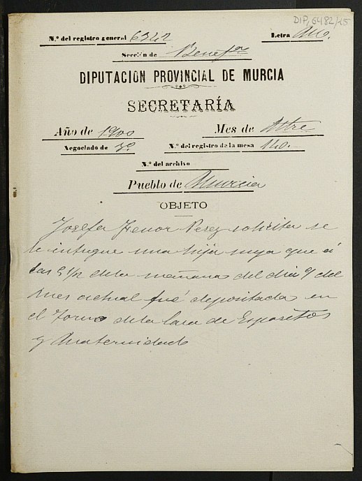 Expediente de reconocimiento y entrega de una niña llamada Ángeles Alicante a su madre natural Josefa Fenor Pérez.