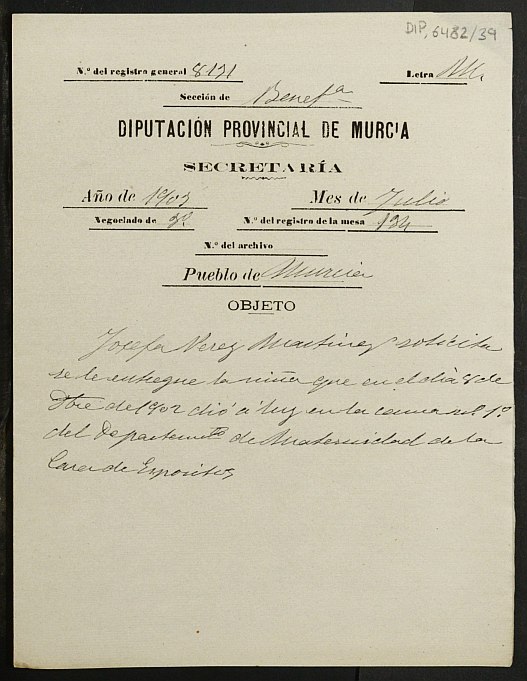 Expediente de reconocimiento y entrega de una niña llamada Pilar Sangonera a su madre natural Josefa Pérez Martínez.