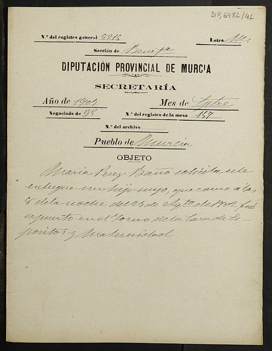 Expediente de reconocimiento y entrega de un niño llamado Manuel Pérez Baño a su madre natural María Pérez Baño.