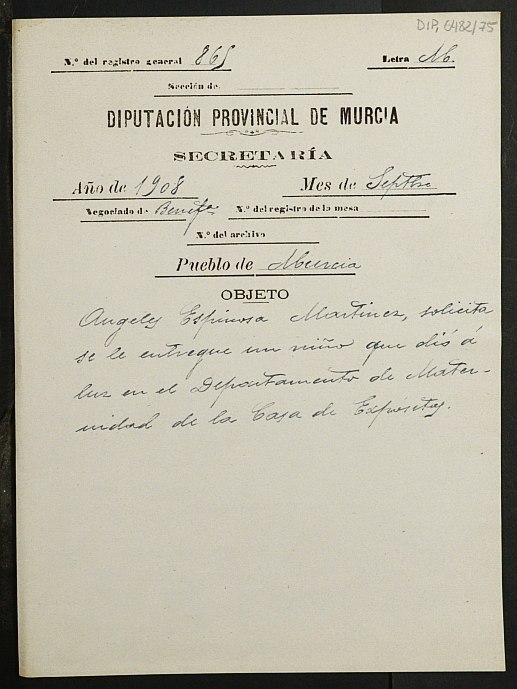 Expediente de reconocimiento y entrega de un niño llamado Juan García Muñoz a su madre natural Ángeles Espinosa Martínez.