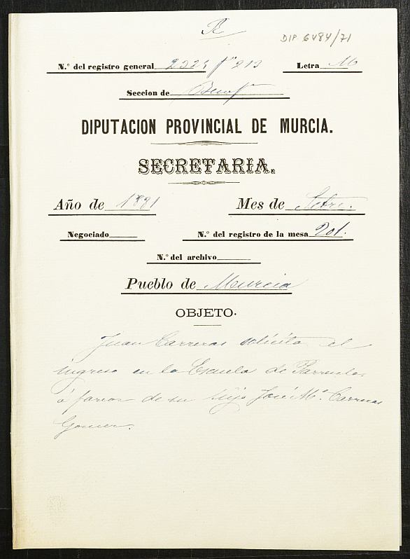 Expediente de solicitud de ingreso en la Escuela de Párvulos del niño José María Carreras Gómez.