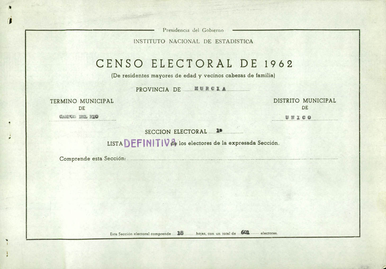 Censo electoral provincial de 1962. Listas definitivas: Campos del Río.