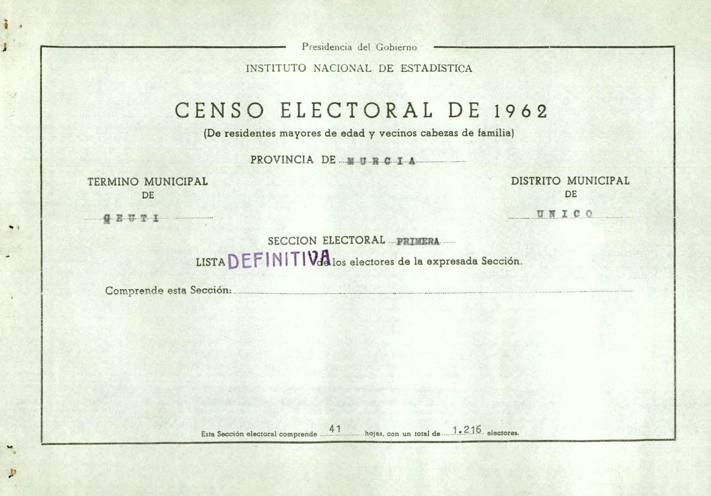 Censo electoral provincial de 1962. Listas definitivas: Ceutí.