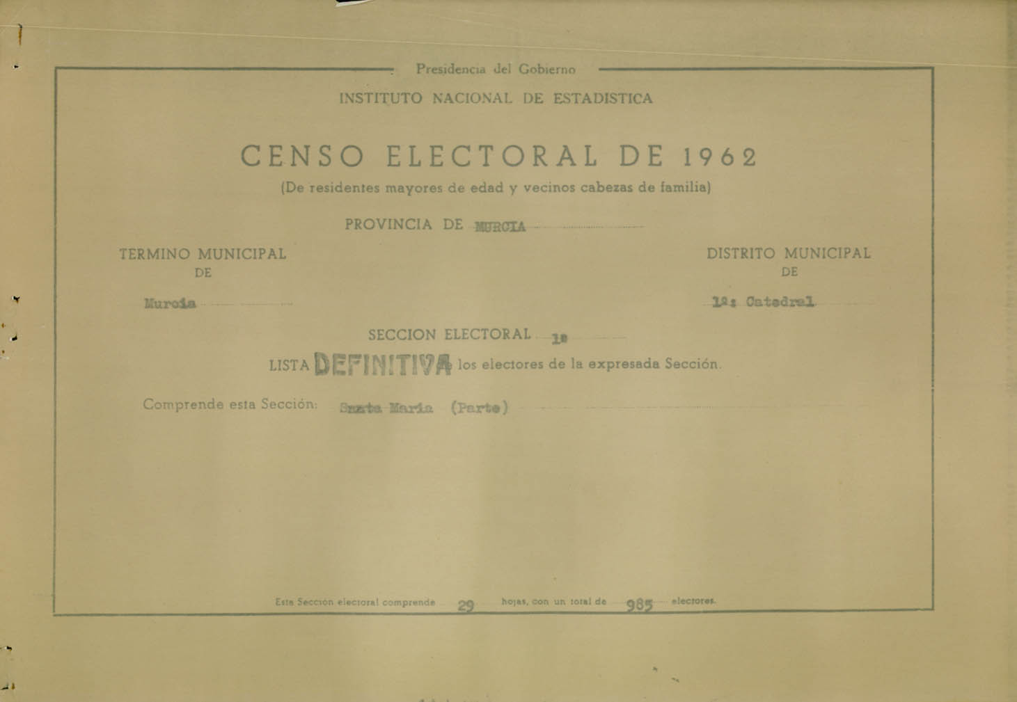 Censo electoral provincial de 1962. Listas definitivas: Murcia (1ª parte)