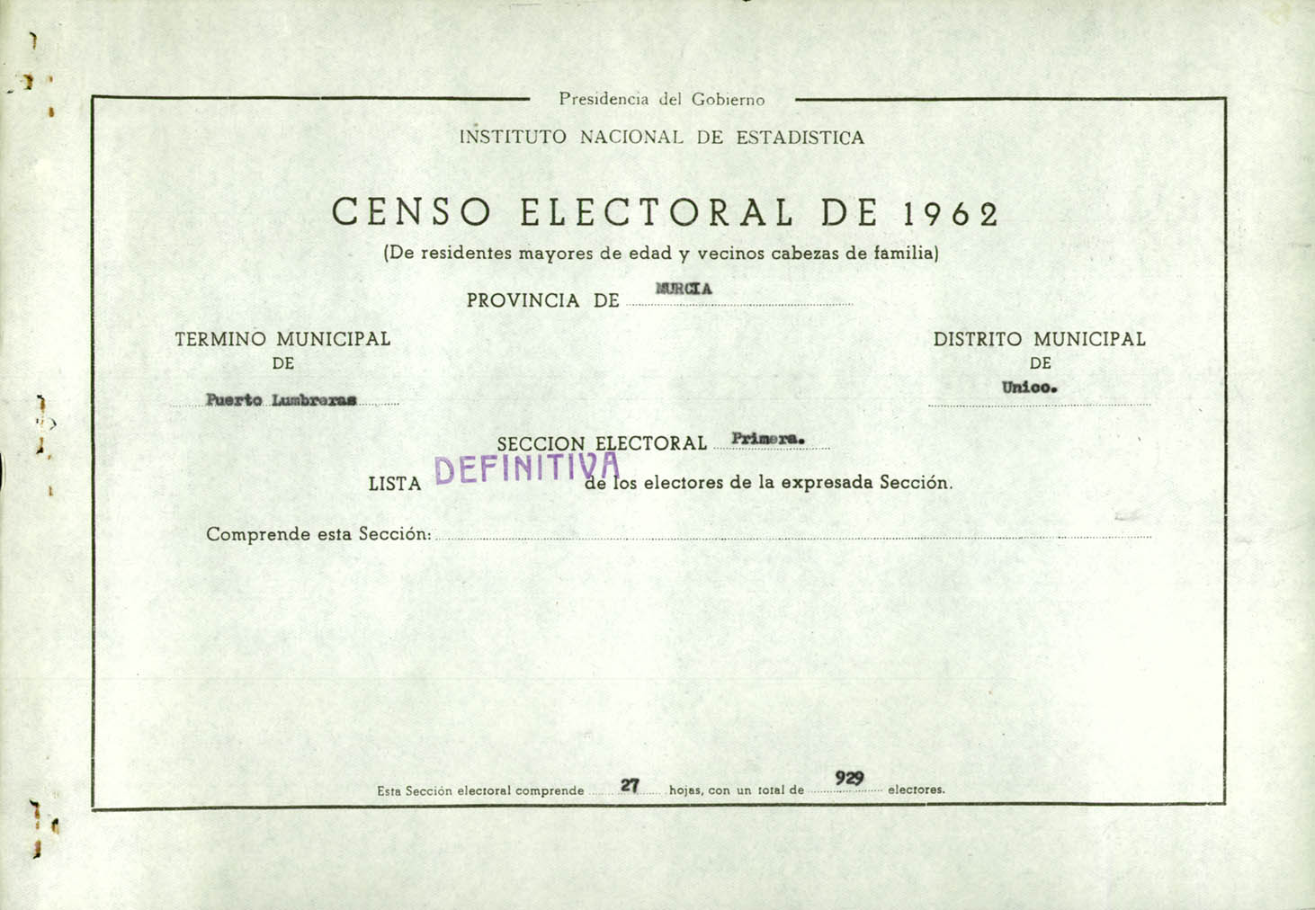 Censo electoral provincial de 1962. Listas definitivas: Puerto Lumbreras