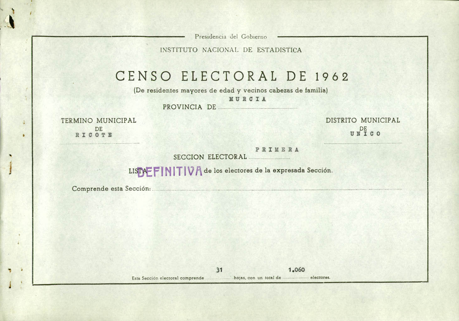 Censo electoral provincial de 1962. Listas definitivas: Ricote