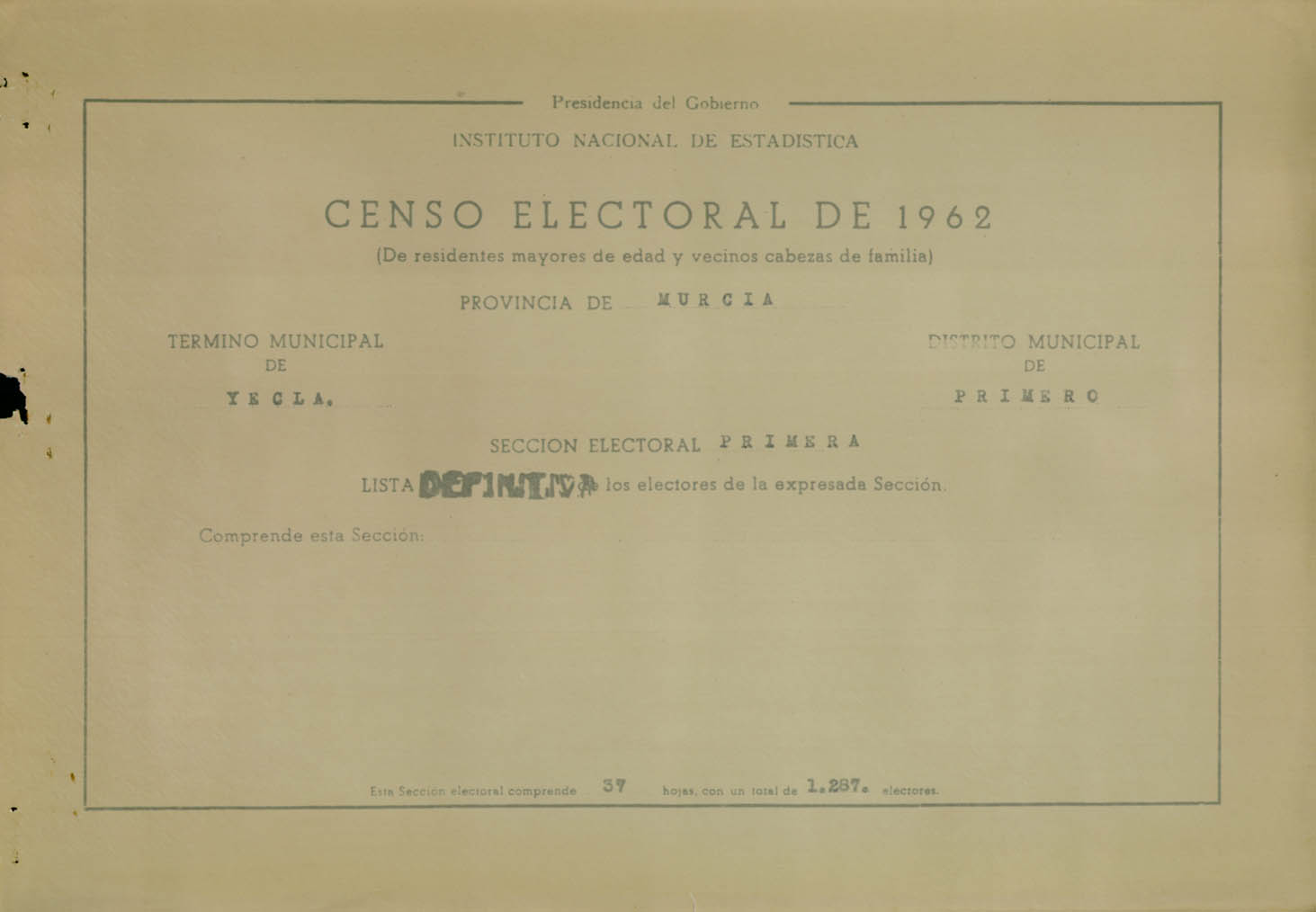 Censo electoral provincial de 1962. Listas definitivas: Yecla (1ª parte)