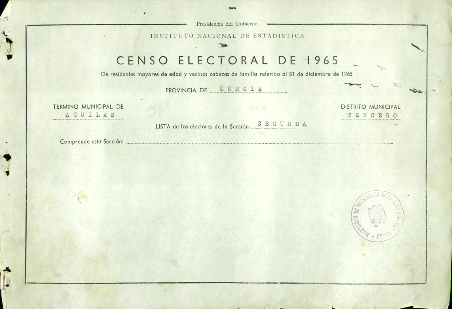 Censo electoral provincial de 1965: listas definitivas de Águilas, Distrito 3º, sección 2º.
