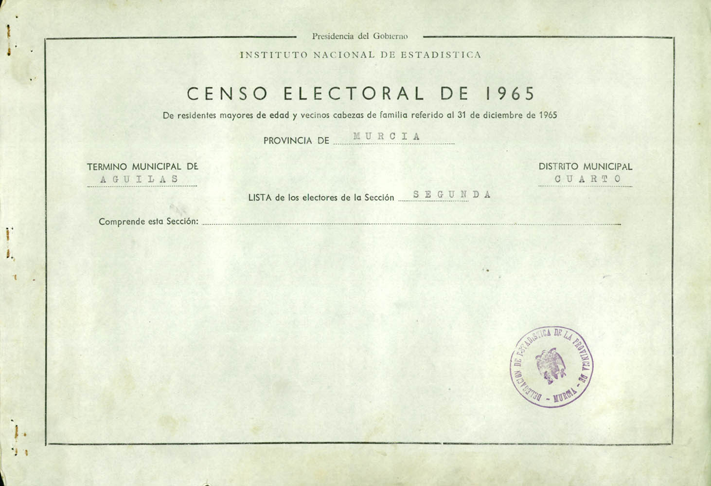 Censo electoral provincial de 1965: listas definitivas de Águilas, Distrito 4º, sección 2º.