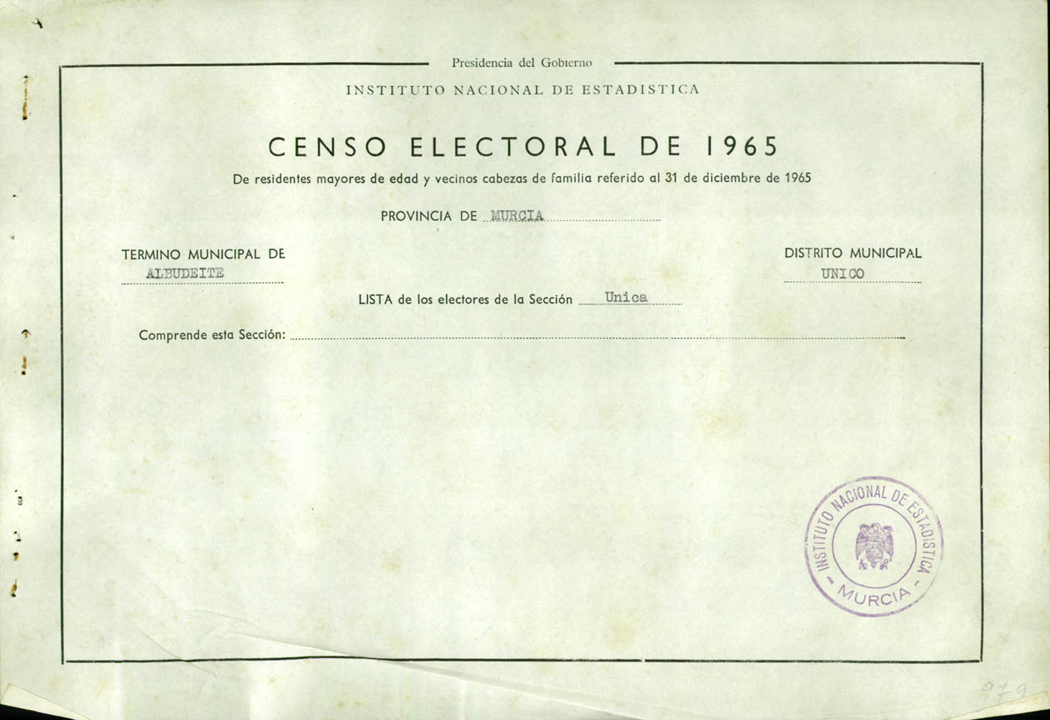 Censo electoral provincial de 1965: listas definitivas de Albudeite, Distrito único, sección 1º.
