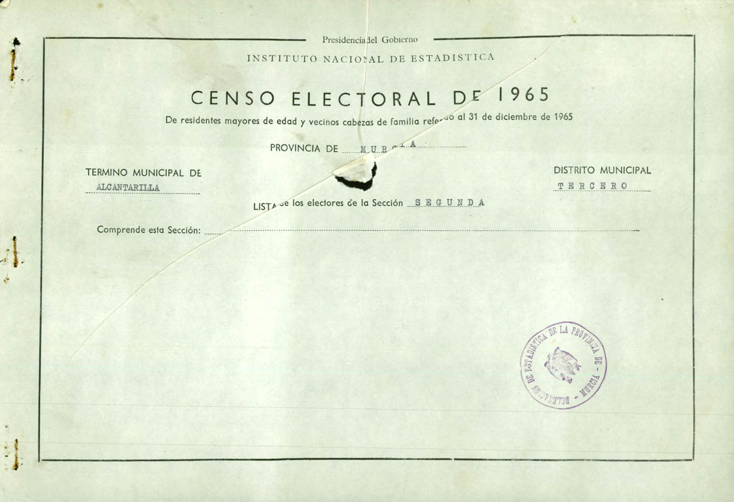 Censo electoral provincial de 1965: listas definitivas de Alcantarilla, Distrito 3º, sección 2º.