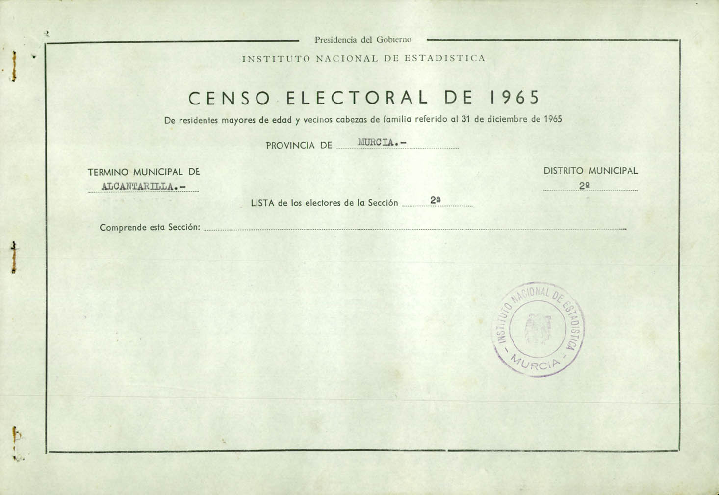Censo electoral provincial de 1965: listas definitivas de Alcantarilla, Distrito 3º, sección 1º.