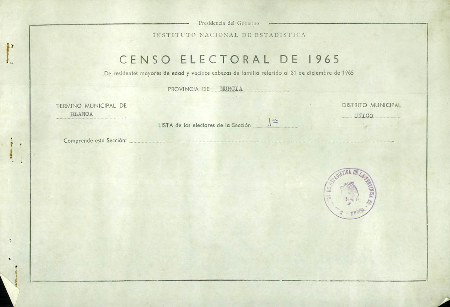 Censo electoral provincial de 1965: listas definitivas de Blanca, Distrito Unico, sección 1º.