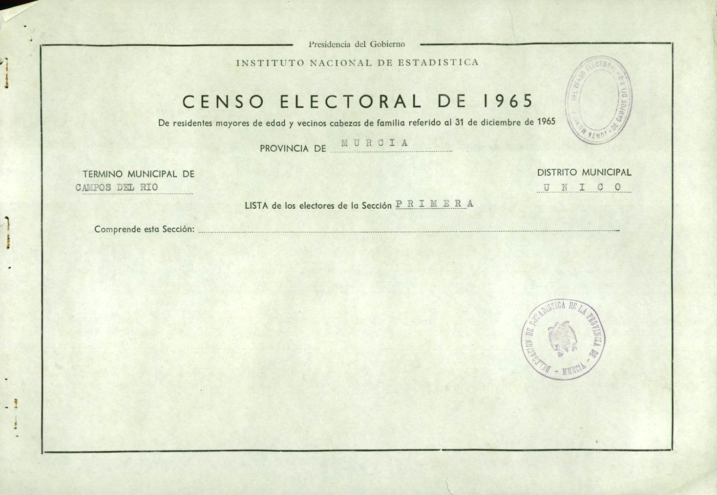 Censo electoral provincial de 1965: listas definitivas de Campos del Río, Distrito único, sección 1º.
