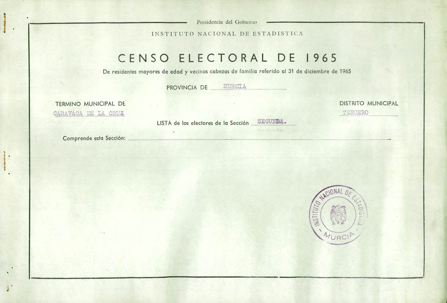 Censo electoral provincial de 1965: listas definitivas de Caravaca de la Cruz, Distrito 3º, sección 2º (Barranda).