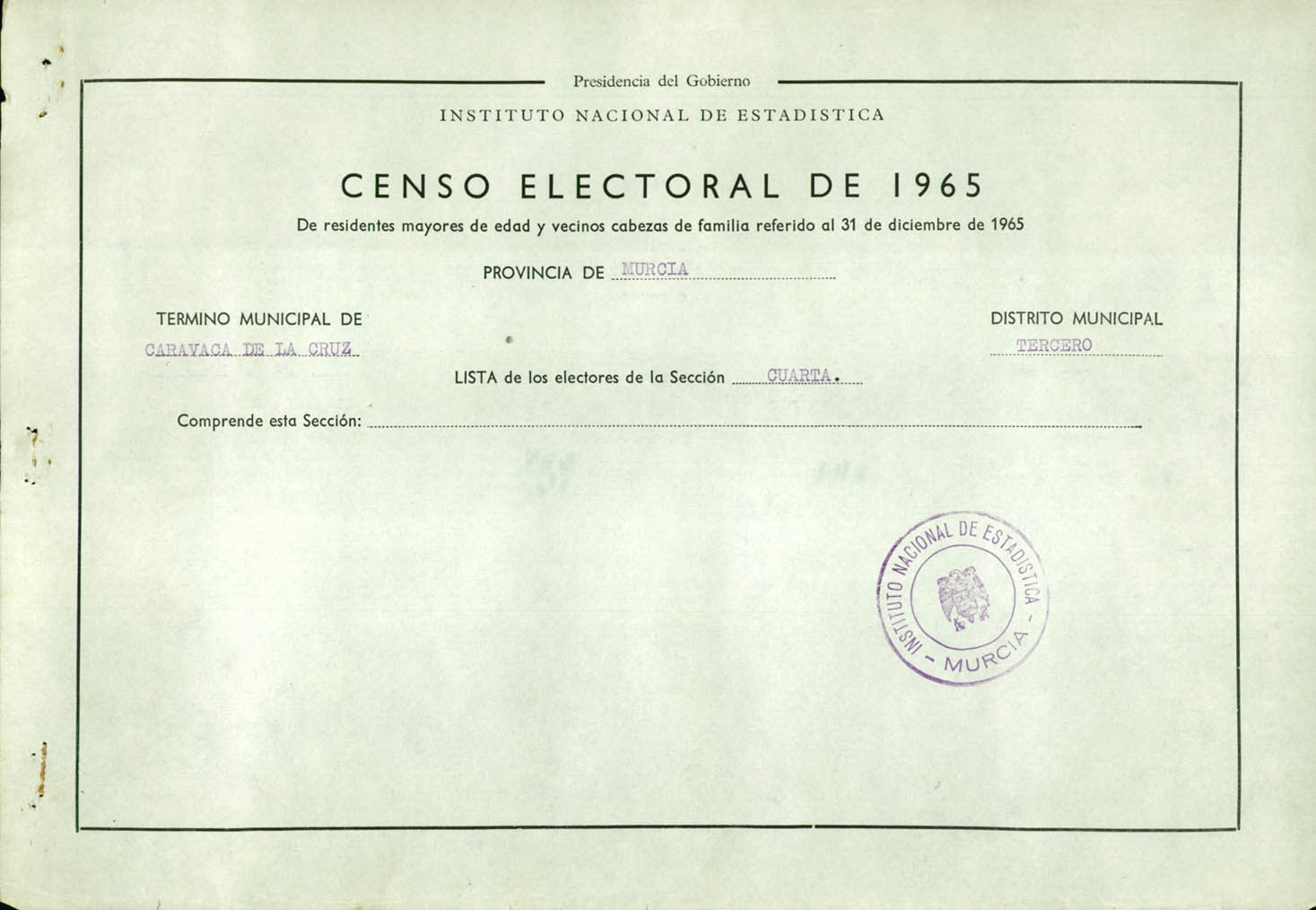 Censo electoral provincial de 1965: listas definitivas de Caravaca de la Cruz, Distrito 3º, sección 4º (Archivel).