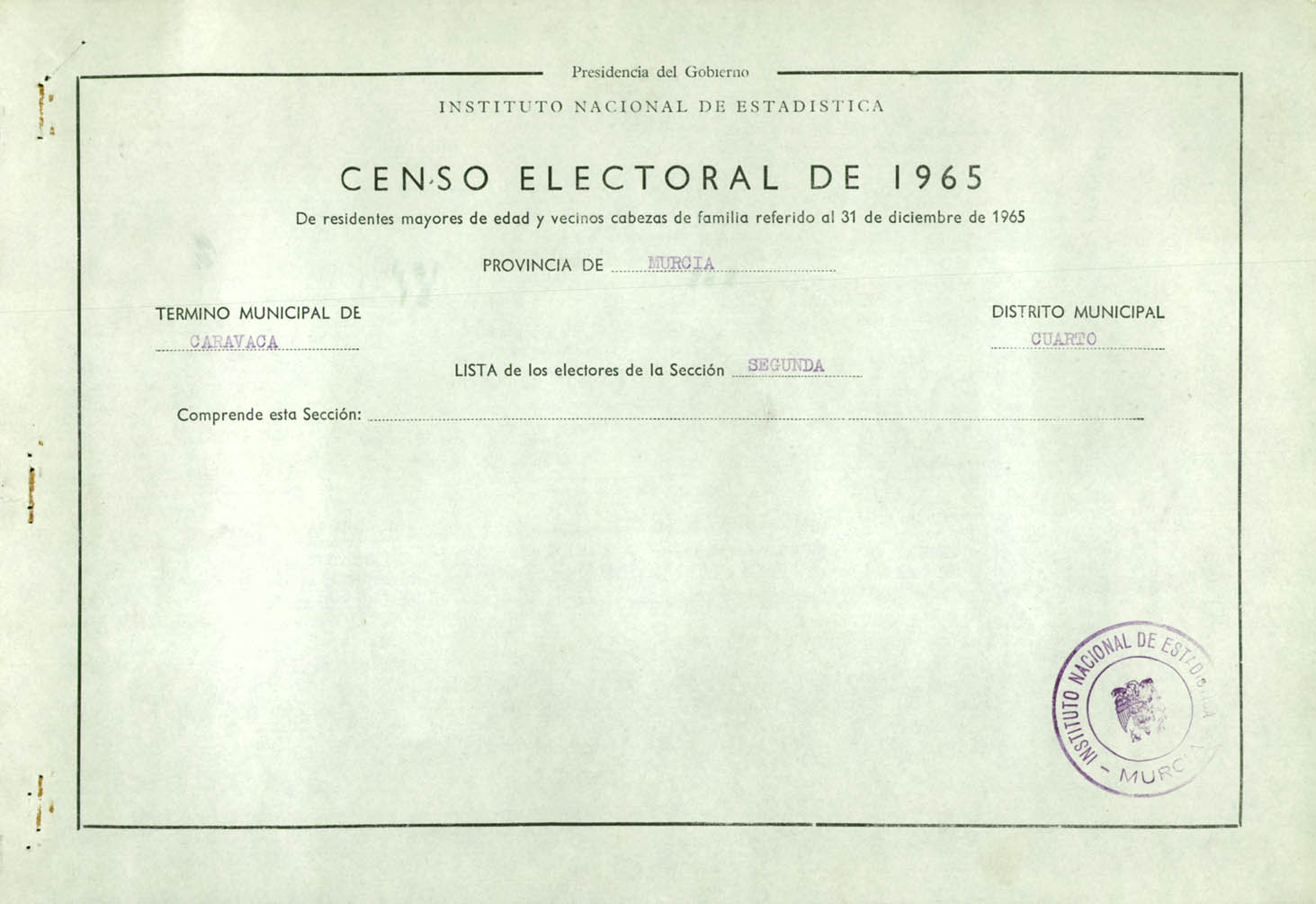 Censo electoral provincial de 1965: listas definitivas de Caravaca de la Cruz, Distrito 4º, sección 2º (Almudema y Pinilla).