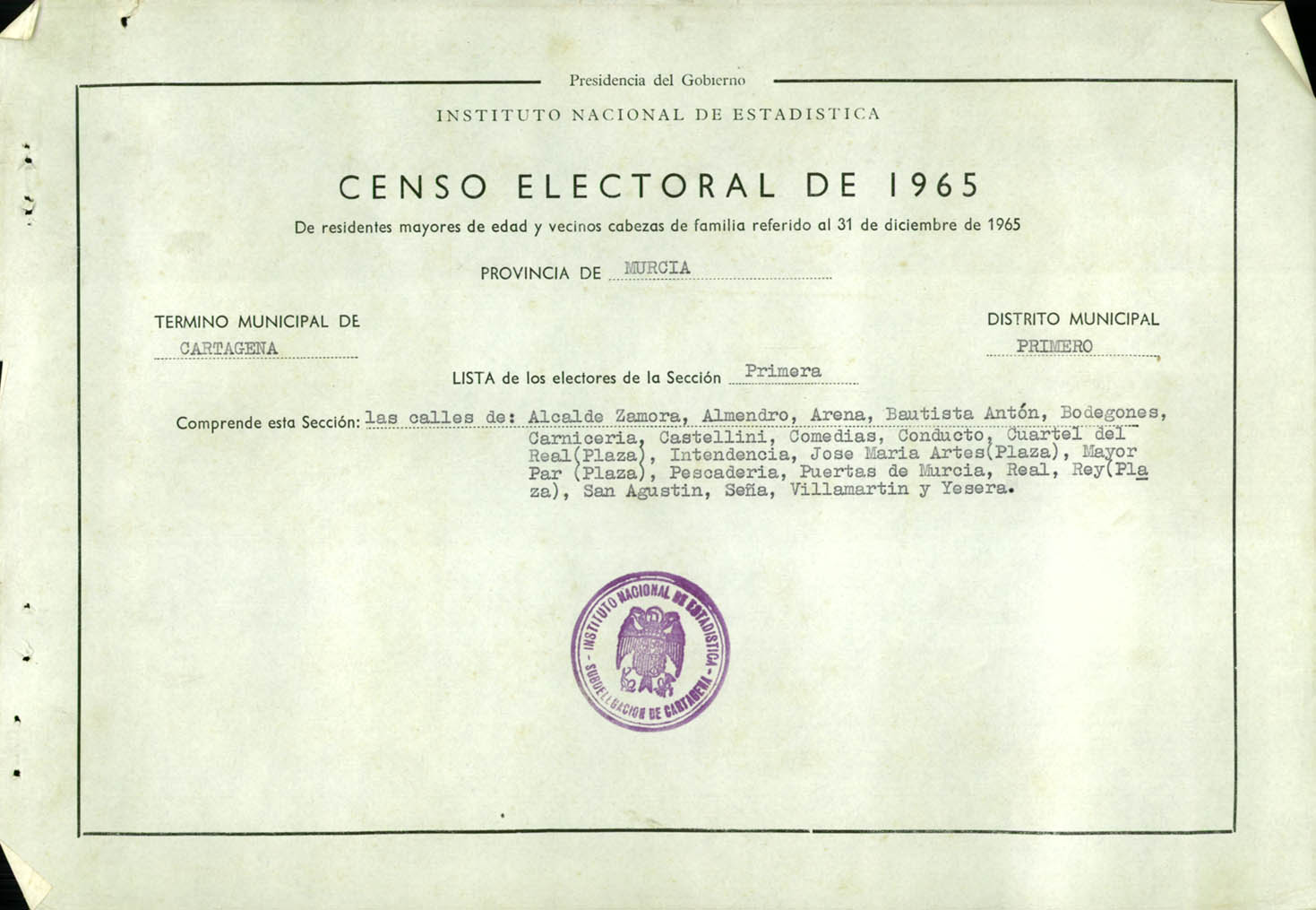 Censo electoral provincial de 1965: listas definitivas de Cartagena, Distrito 1º, sección 1º.